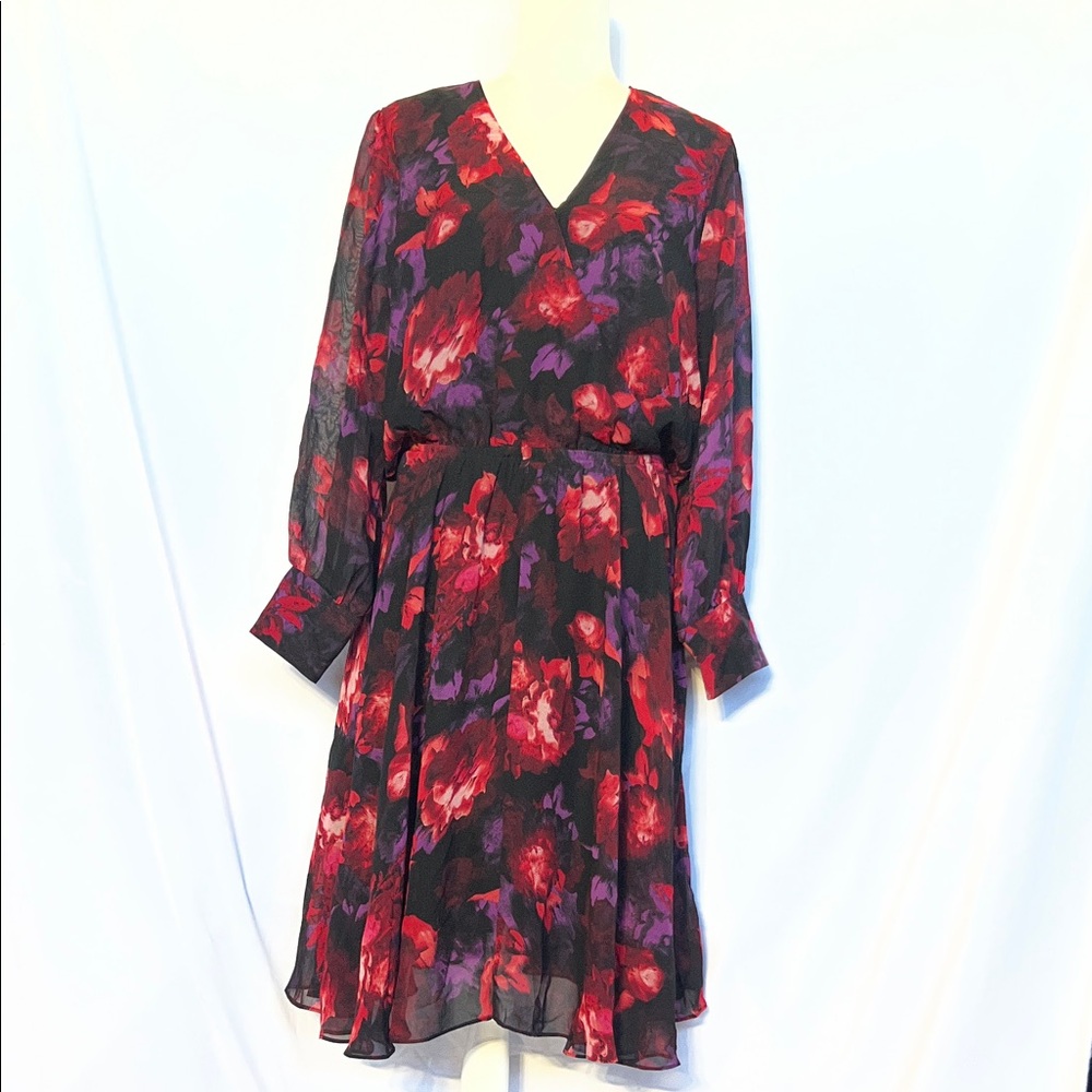 Jason Wu Red & Purple Floral V-Neck Long Sleeve Dress